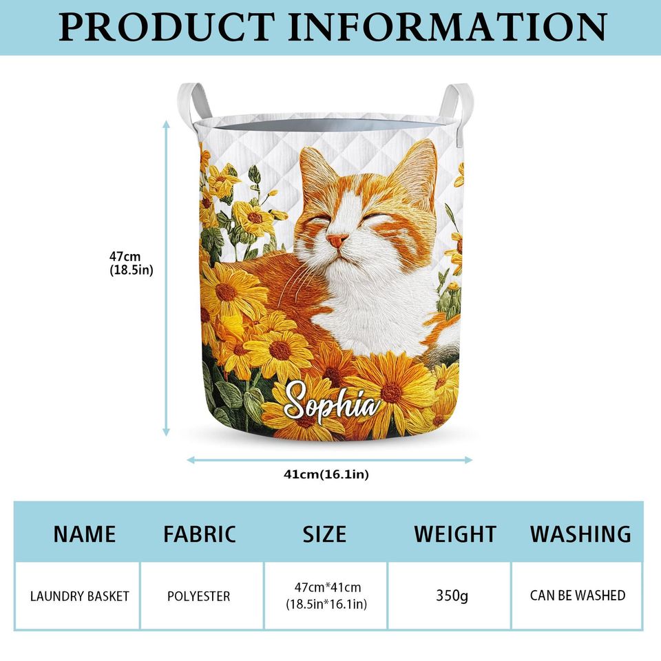 Custom Cute Kitten Laundry Basket, Floral Cat Decor Hamper, Kitty Laundry Bin, Cat Lover Bathroom & Laundry Decor, Flower Cat Basket Decor