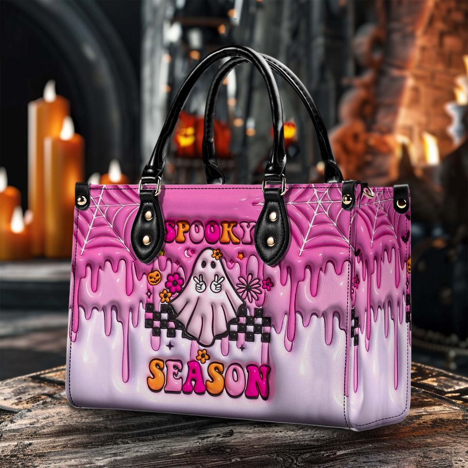 Spooky Vibe Print 3D Effect Leather Handbag With Handle, Ghost Pumpkin Bags, Wallet, Print 3D Halloween Bags, Trick Or Treat Halloween Bags