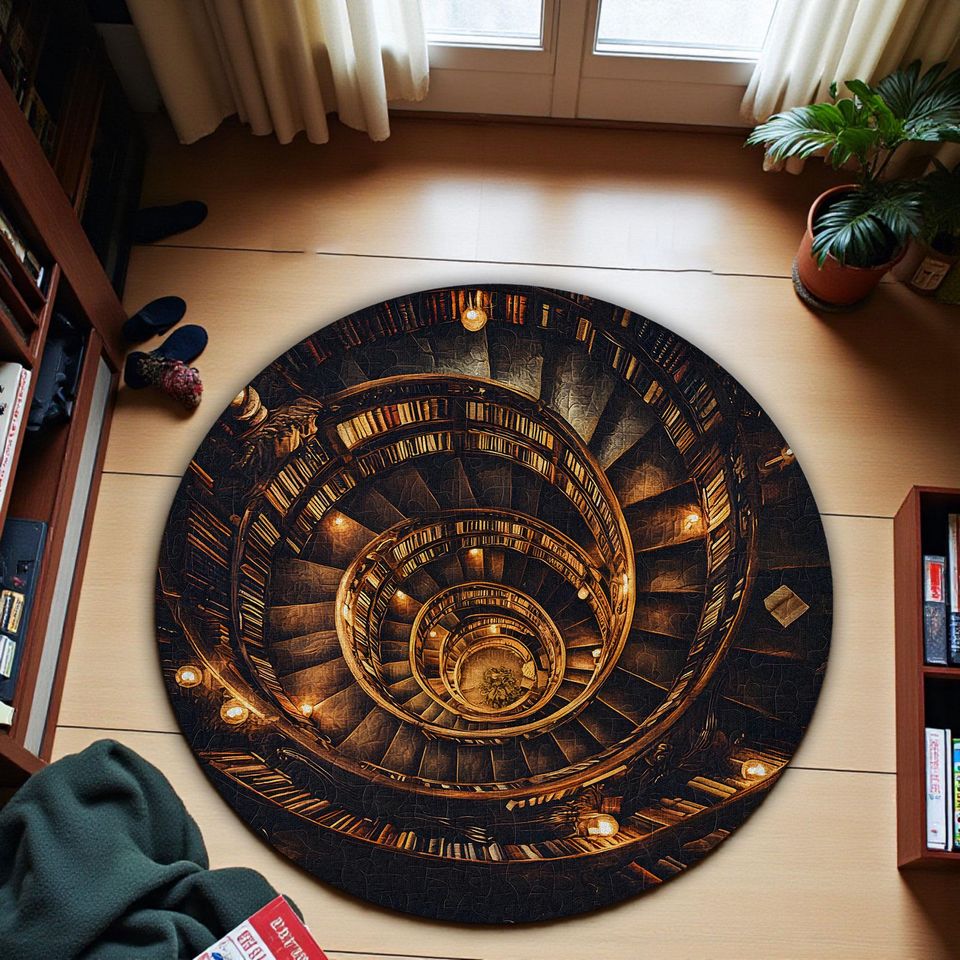 3D Effect Printed Vintage Library Round Rug for Book Lovers, Librarians, Reading Room Indoor Decor