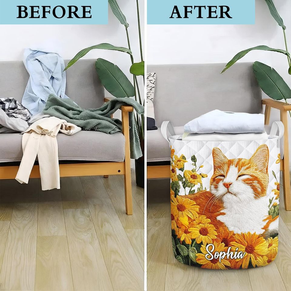 Custom Cute Kitten Laundry Basket, Floral Cat Decor Hamper, Kitty Laundry Bin, Cat Lover Bathroom & Laundry Decor, Flower Cat Basket Decor