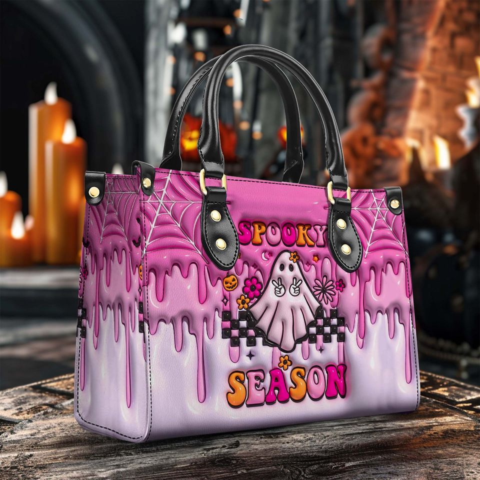 Spooky Vibe Print 3D Effect Leather Handbag With Handle, Ghost Pumpkin Bags, Wallet, Print 3D Halloween Bags, Trick Or Treat Halloween Bags
