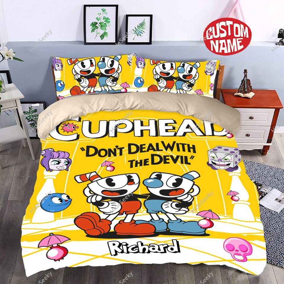 Cuphead Bedding Set, Gamer Blanket, Cuphead and Mugman Birthday Bedding Set