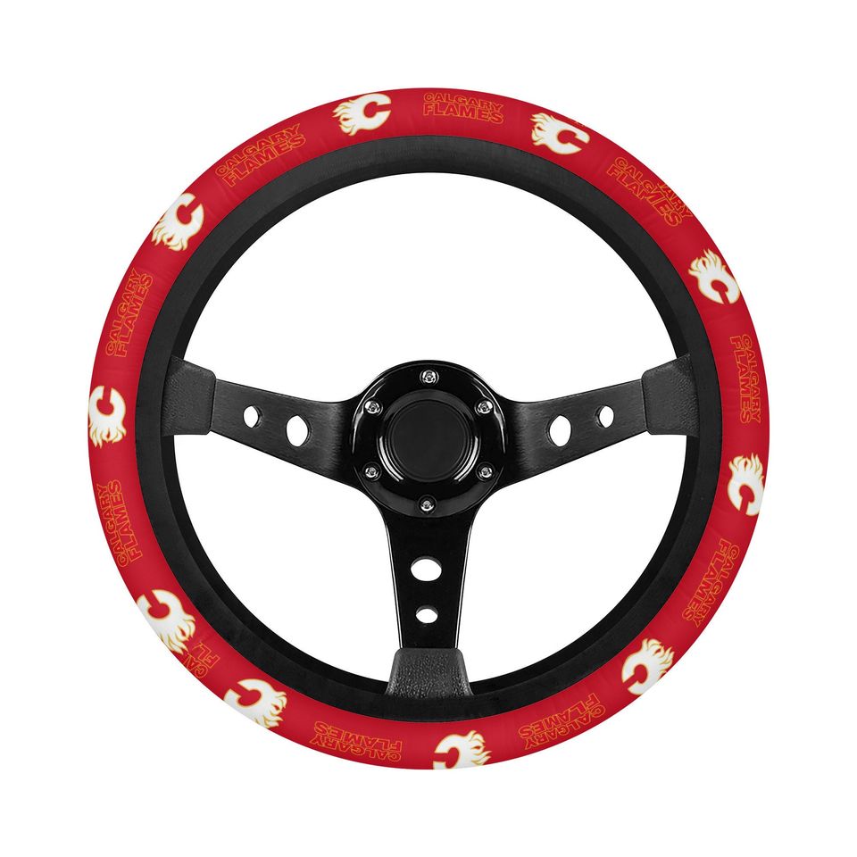 Calgary Flames themed steering wheel cover for a fan