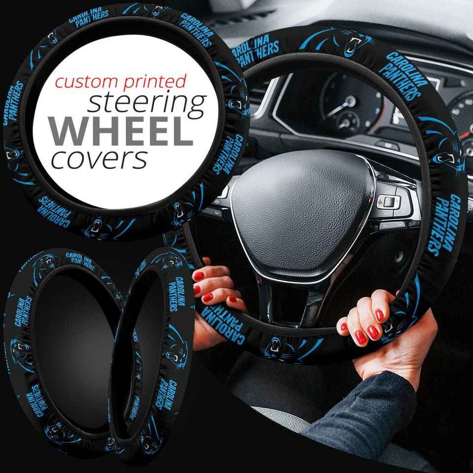 Carolina Panthers themed custom steering wheel cover for a fan