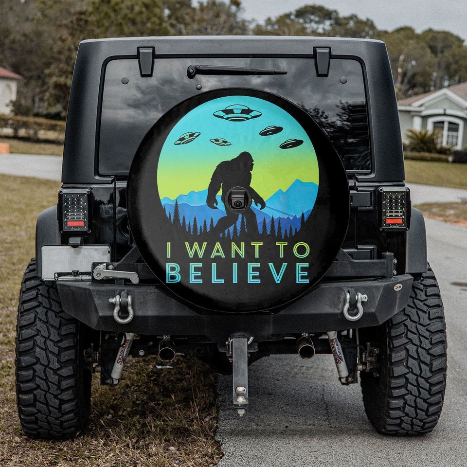 I Want To Believe Spare Tire Cover with or without Camera Hole, Sasquatch Tire Cover, Hiking Camping Camper Gift for RV, Funny UFO Alien Tire Cover