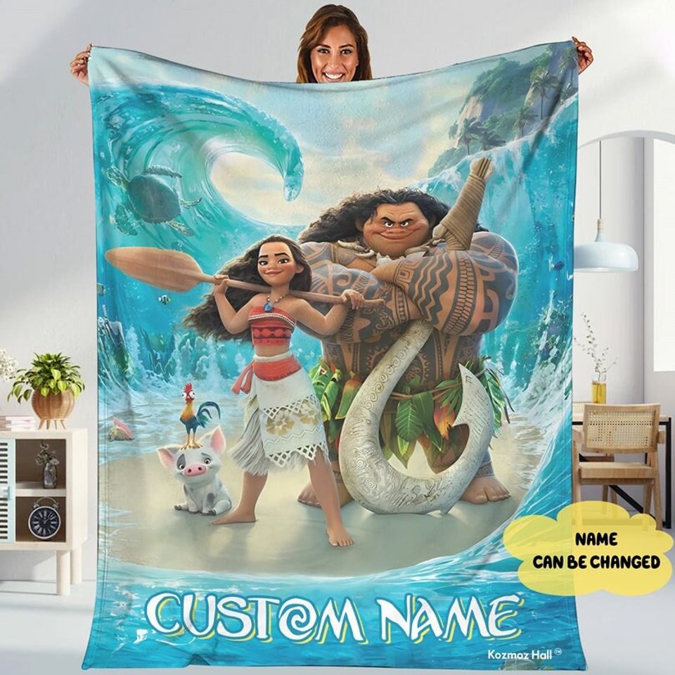 Personalized Moana Princess Blanket, Custom Name Princess With Pig Chicken Beach Blanket, Magic Kingdom Characters Blanket, Princess Blanket