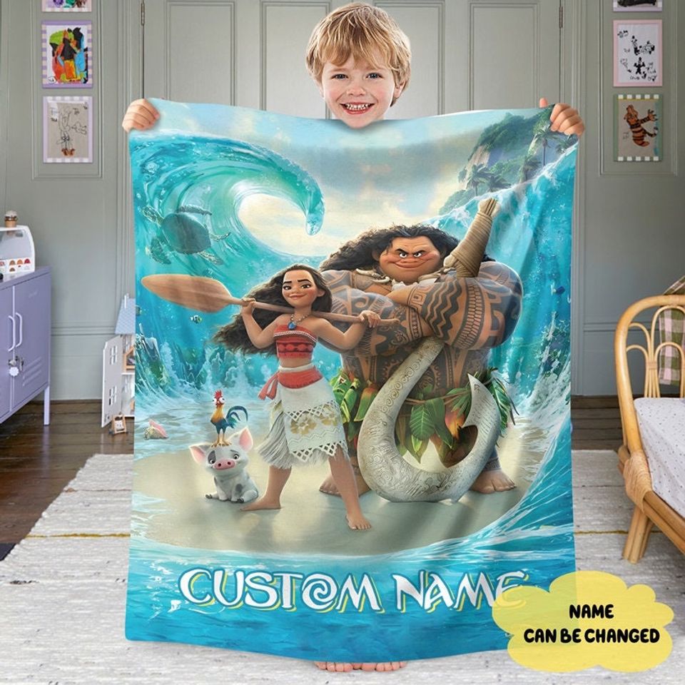 Personalized Moana Princess Blanket, Custom Name Princess With Pig Chicken Beach Blanket, Magic Kingdom Characters Blanket, Princess Blanket