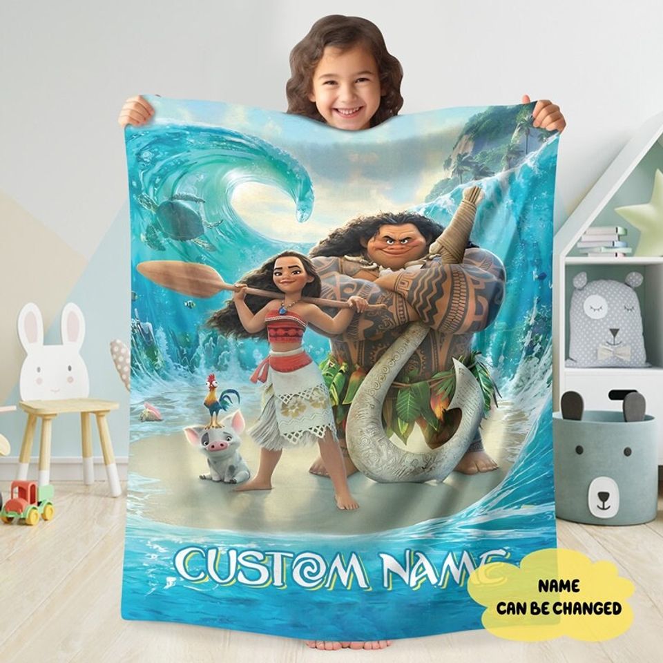 Personalized Moana Princess Blanket, Custom Name Princess With Pig Chicken Beach Blanket, Magic Kingdom Characters Blanket, Princess Blanket