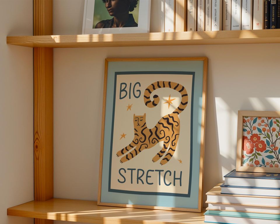 Pink Cat 'Big Stretch' Art Print: Bedroom Decor