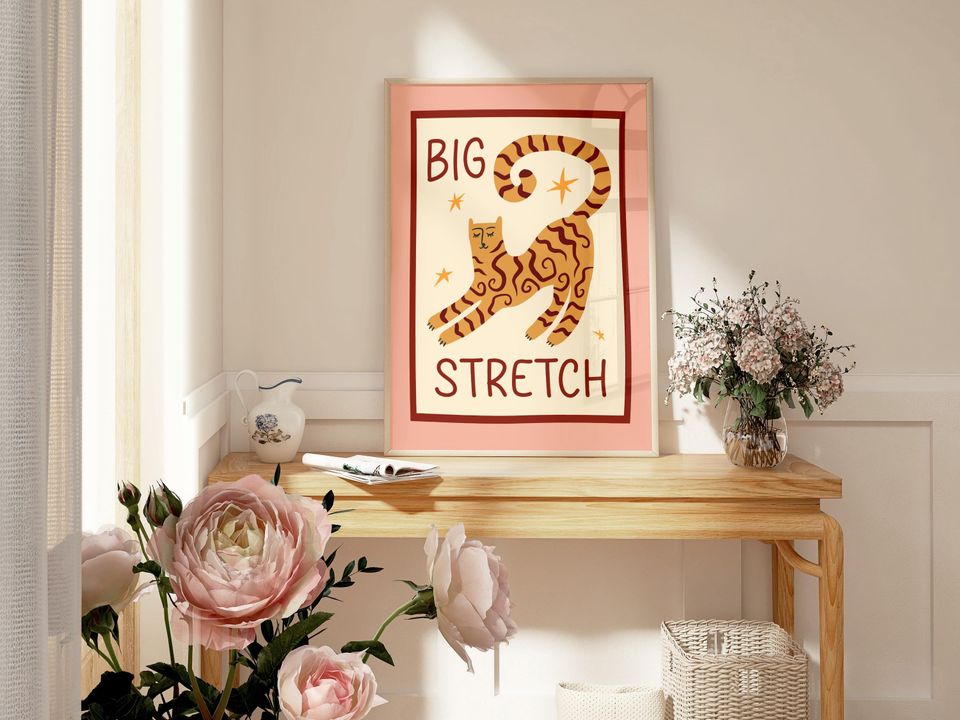 Pink Cat 'Big Stretch' Art Print: Bedroom Decor