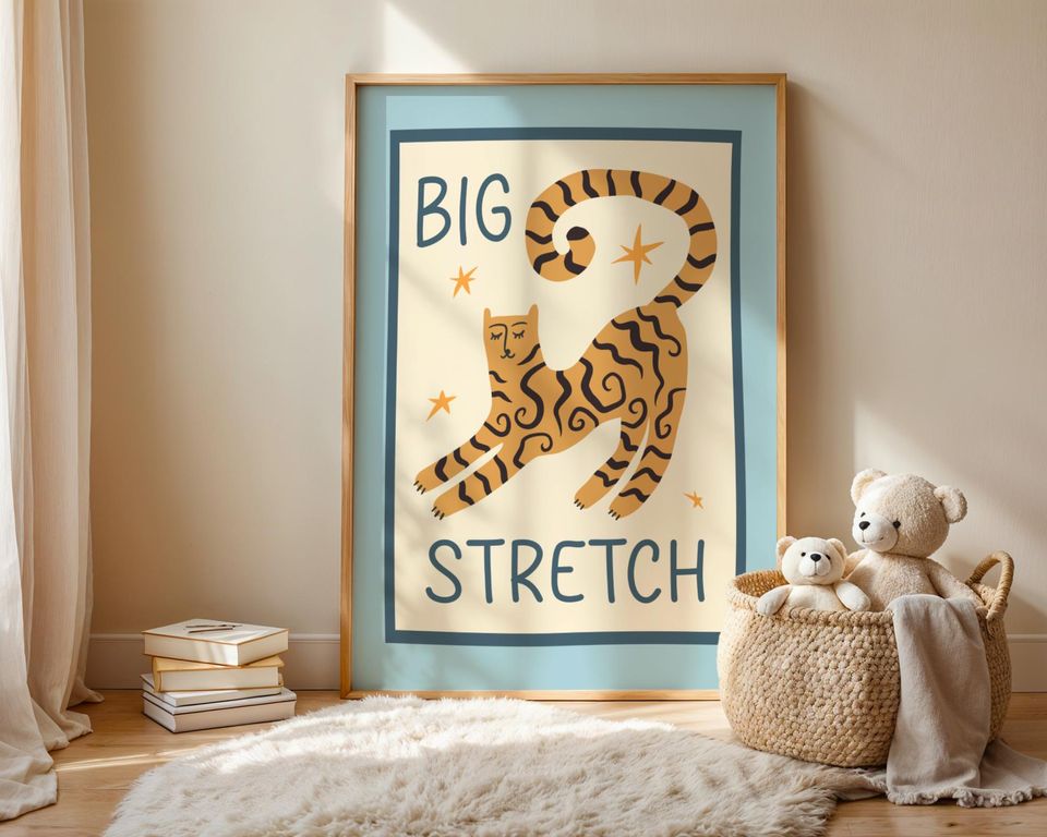 Pink Cat 'Big Stretch' Art Print: Bedroom Decor