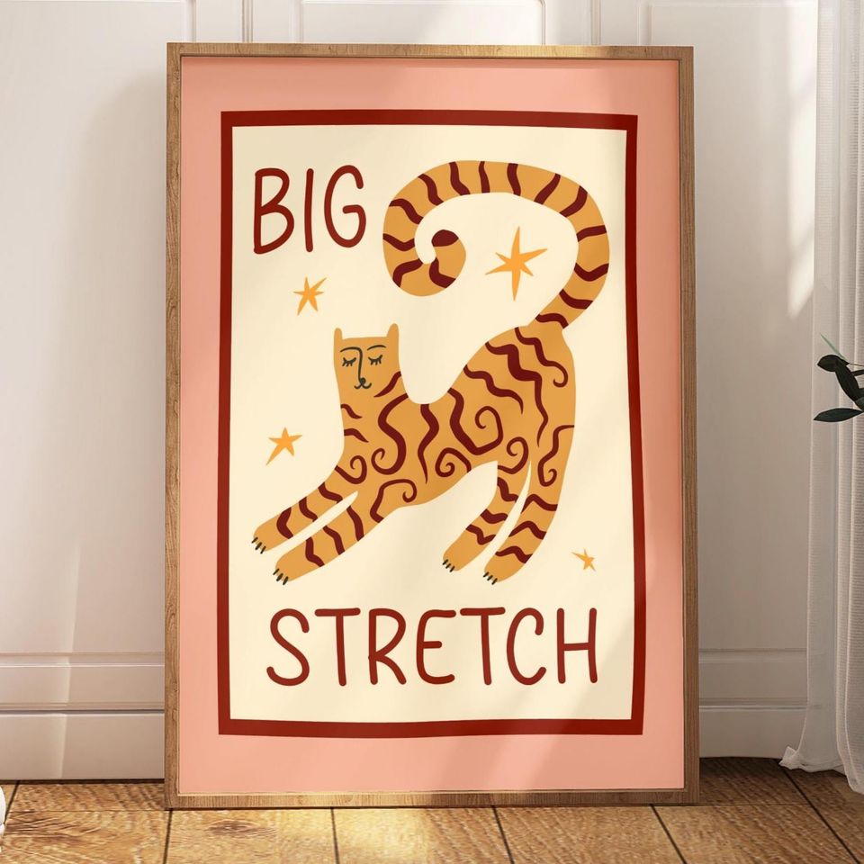 Pink Cat 'Big Stretch' Art Print: Bedroom Decor