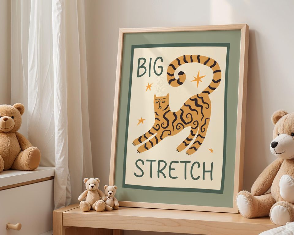 Pink Cat 'Big Stretch' Art Print: Bedroom Decor