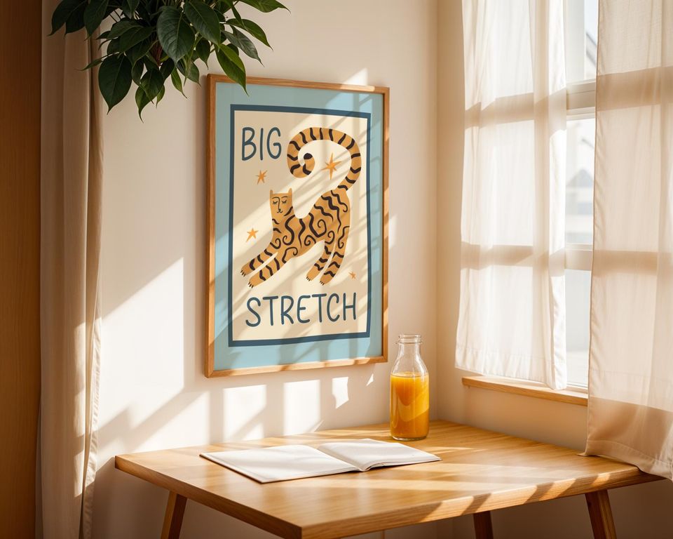 Pink Cat 'Big Stretch' Art Print: Bedroom Decor