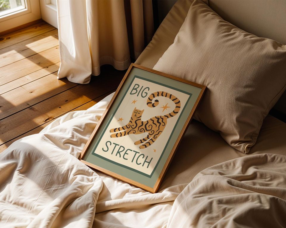 Pink Cat 'Big Stretch' Art Print: Bedroom Decor