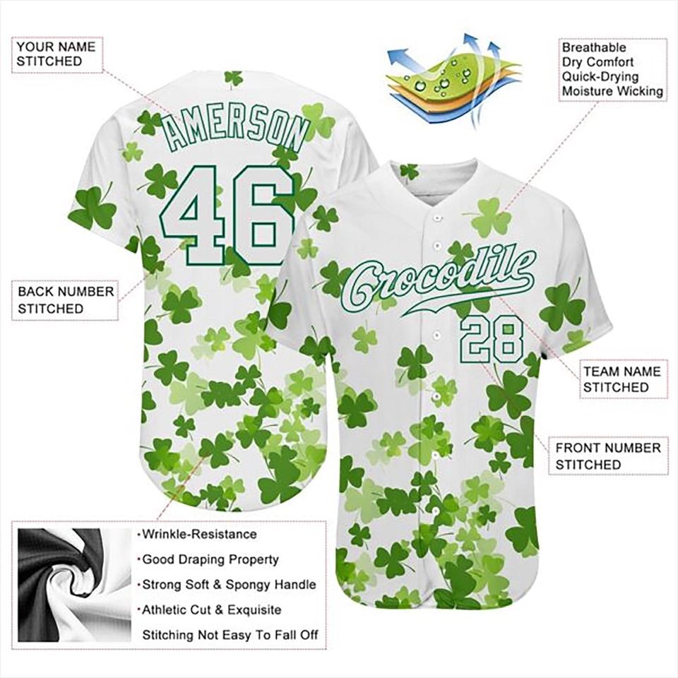 Personalized St Patricks Day Baseball Jersey, Custom Name Number Shamrock Shirt, Irish Lucky Clover Jersey