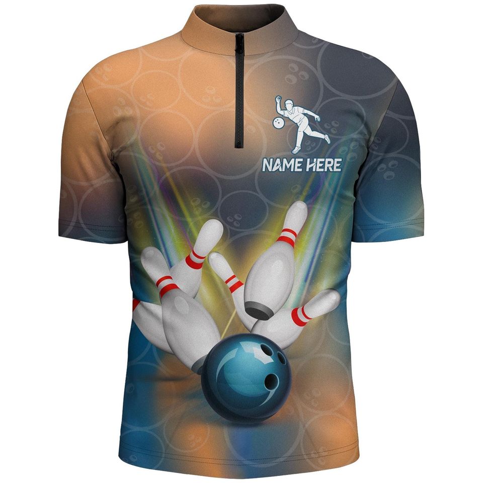Custom Bowling Jersey Shirt with Name, Team, Strike Bowl & Pin Design