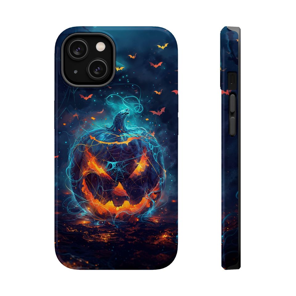 Haunted Jack-o'-Lantern iPhone Case, Cosmic Halloween Pumpkin Cover with Bats and Webs