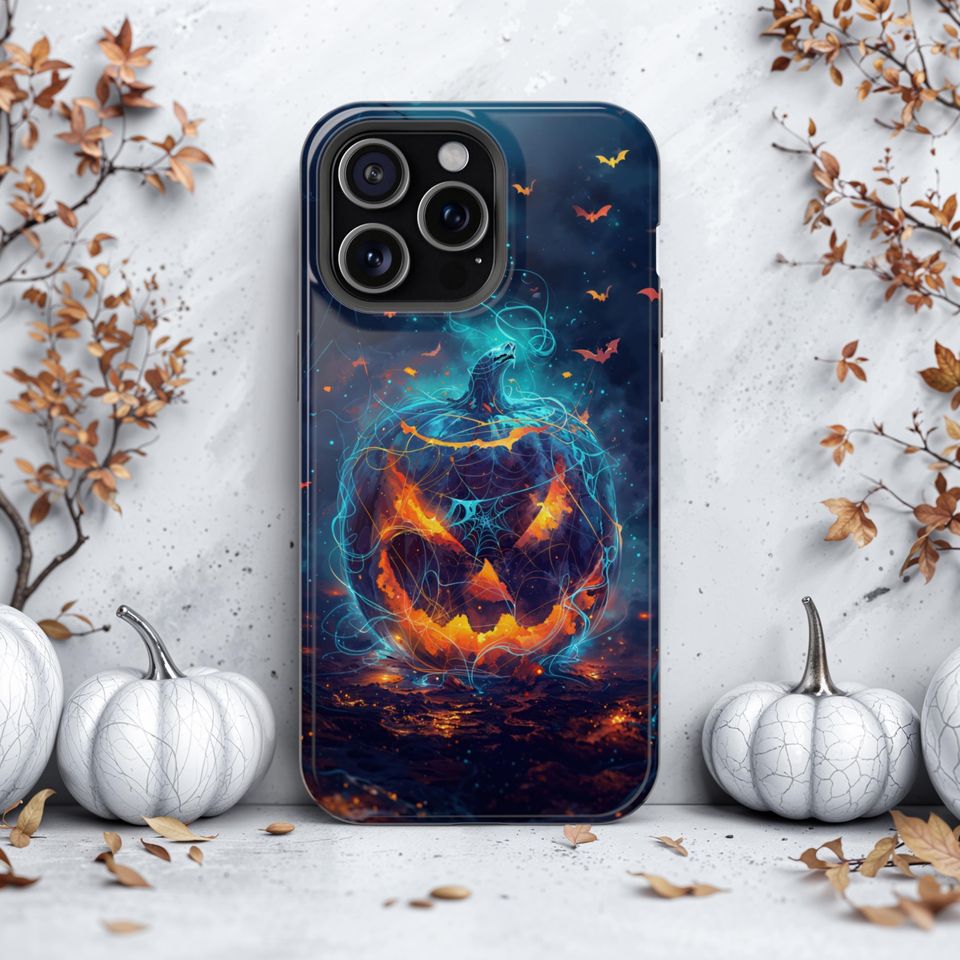 Haunted Jack-o'-Lantern iPhone Case, Cosmic Halloween Pumpkin Cover with Bats and Webs