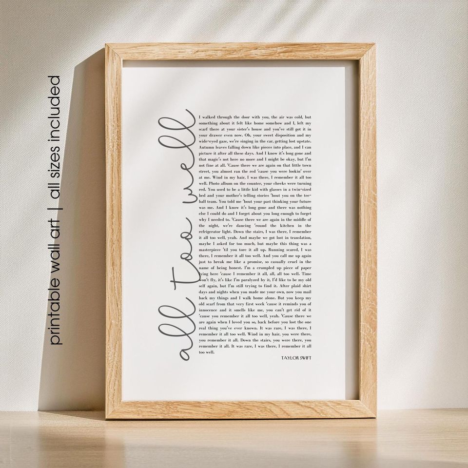 All Too Well Printable Poster | Taylorr Swiftts Song Lyrics Art | Inspirational taylorr version Decor