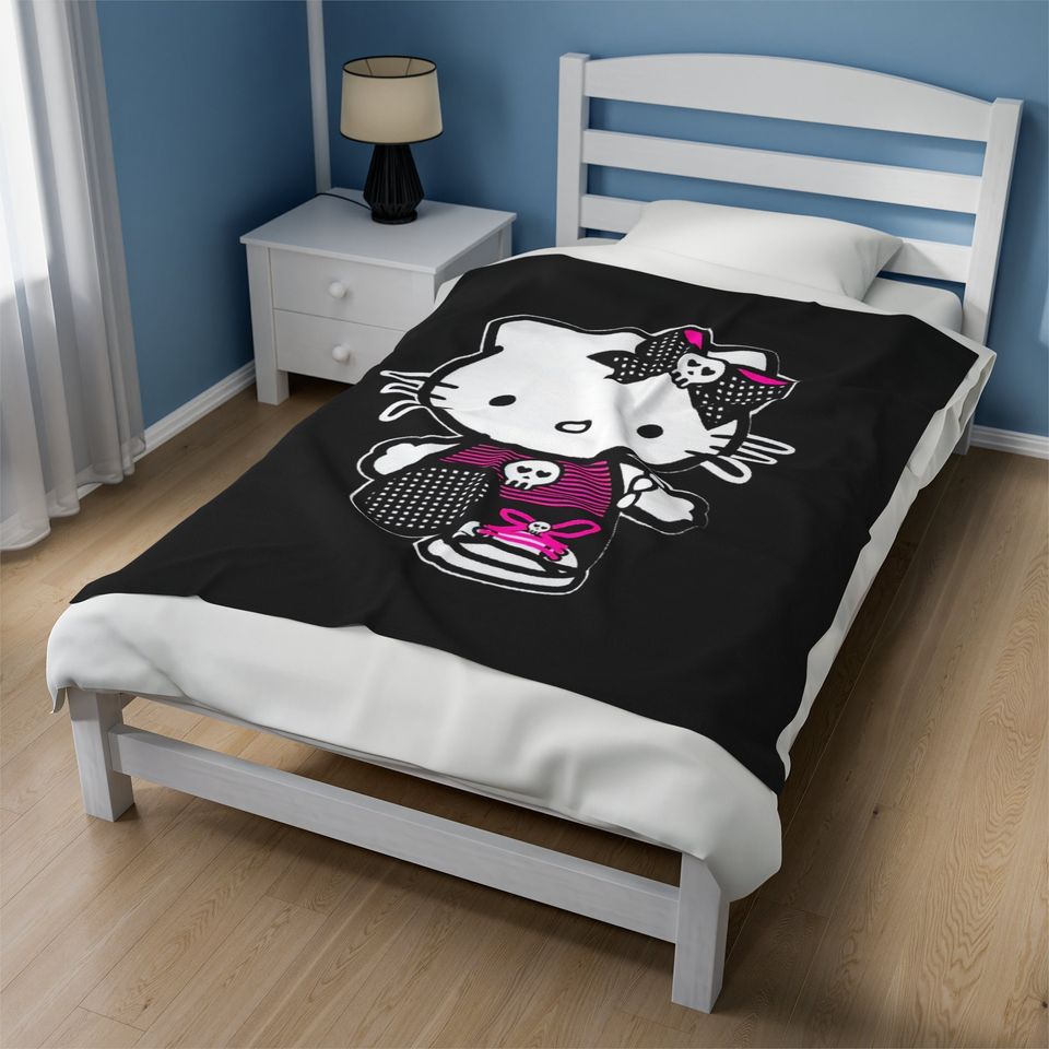 Punk Hello Kitty Fleece Blanket with Goth Cartoon Kitty Design