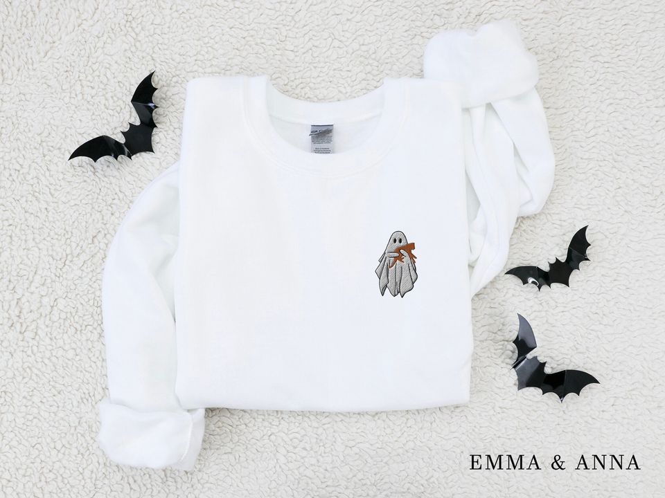 Embroidered Ghost Sweatshirt, Halloween Sweatshirt, Orange Cat, Fall Sweatshirt for Women