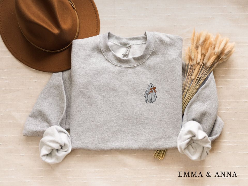Embroidered Ghost Sweatshirt, Halloween Sweatshirt, Orange Cat, Fall Sweatshirt for Women