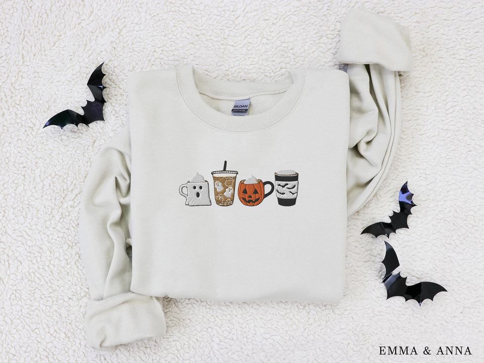 Embroidered Halloween Sweatshirt, Fall Coffee Crewneck, Pumpkin Spice Sweatshirt, Coffee Lover Top