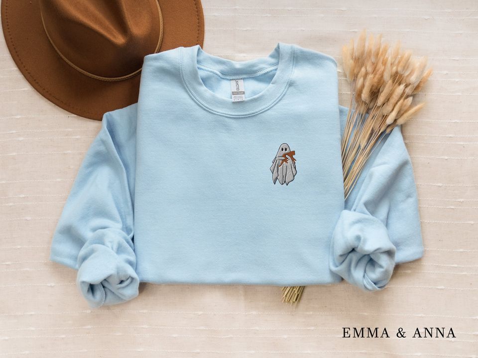 Embroidered Ghost Sweatshirt, Halloween Sweatshirt, Orange Cat, Fall Sweatshirt for Women