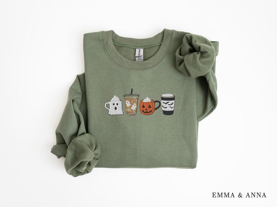 Embroidered Halloween Sweatshirt, Fall Coffee Crewneck, Pumpkin Spice Sweatshirt, Coffee Lover Top