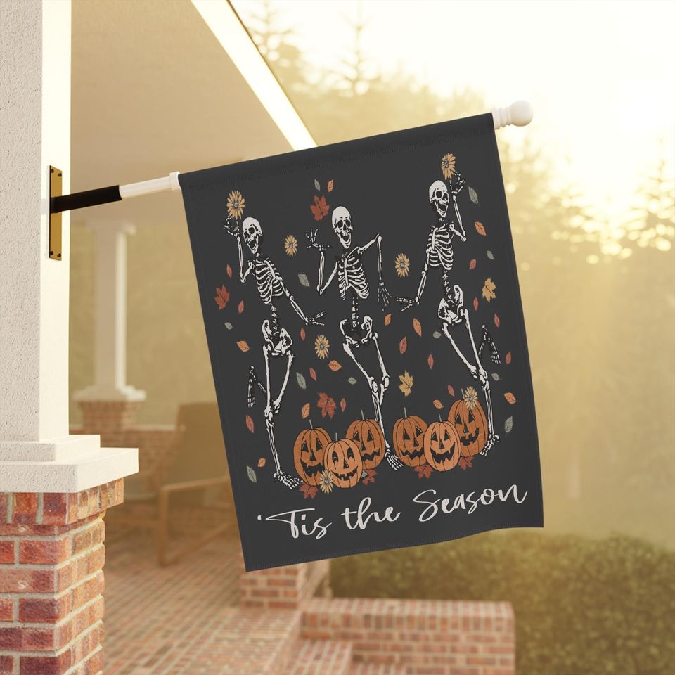 Fall Pumpkin Skeleton Garden Flag, Halloween Decor, Dancing Skeleton Porch Banner