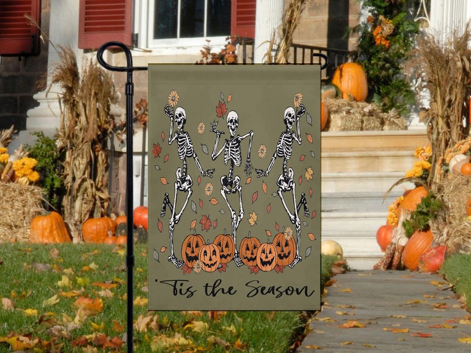 Fall Pumpkin Skeleton Garden Flag, Halloween Decor, Dancing Skeleton Porch Banner