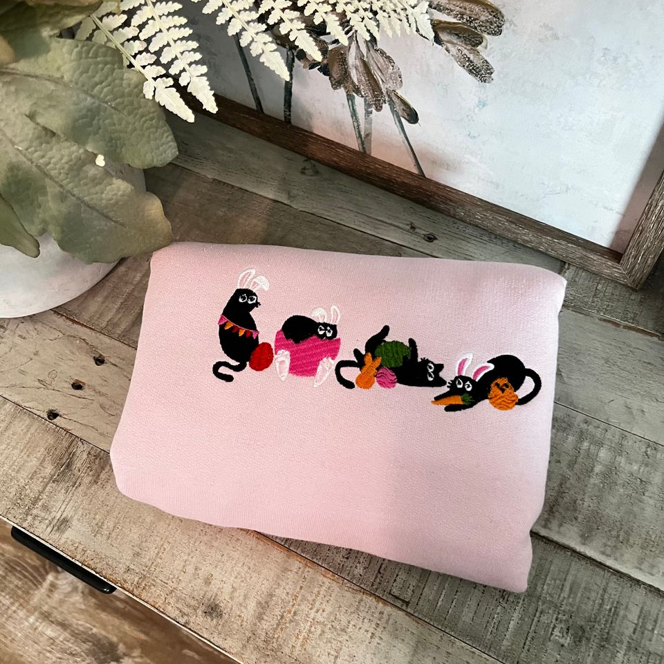 Easter Black Cat Embroidered Sweatshirt