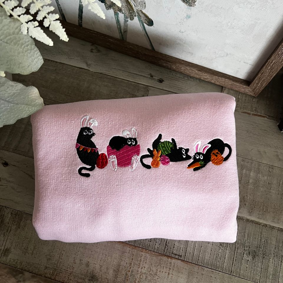 Easter Black Cat Embroidered Sweatshirt