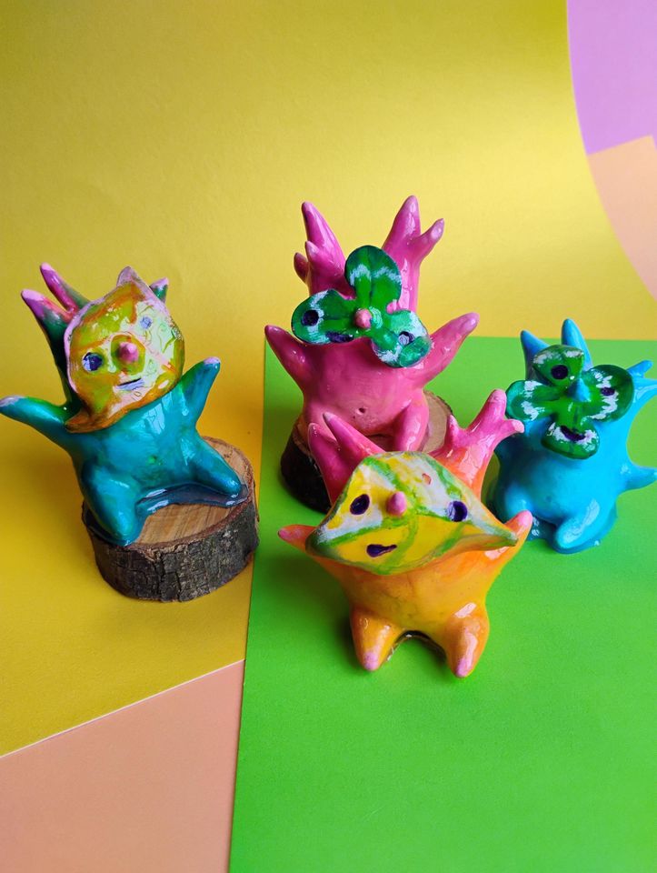 Tropical Rain Forest Tree Spirit statues - video game inspired art figurines - bright and colourful desktop puddle pals - rainy day lover