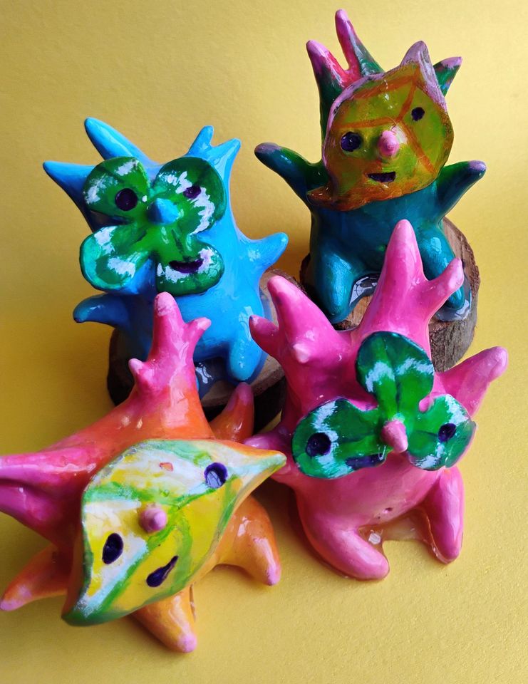 Tropical Rain Forest Tree Spirit statues - video game inspired art figurines - bright and colourful desktop puddle pals - rainy day lover