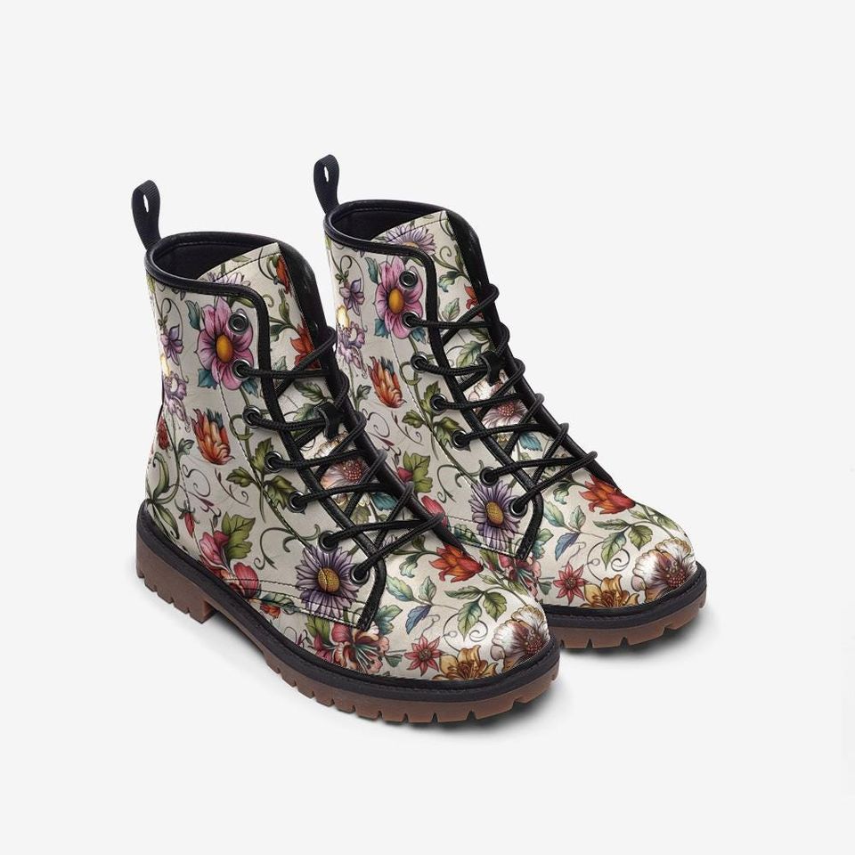 Beige Floral Print Casual Vegan Leather Boots