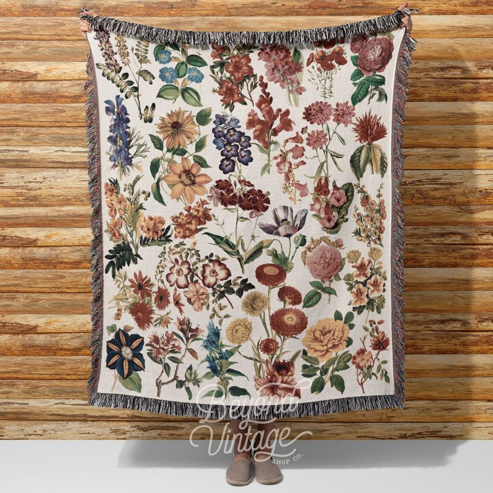 Vintage Wildflower Woven Blanket, Cotton Woven, Large Botanical Picnic Blanket Gift for Her, Maximalist Cottagecore Decor