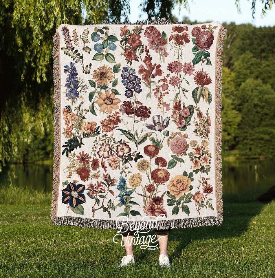 Vintage Wildflower Woven Blanket, Cotton Woven, Large Botanical Picnic Blanket Gift for Her, Maximalist Cottagecore Decor