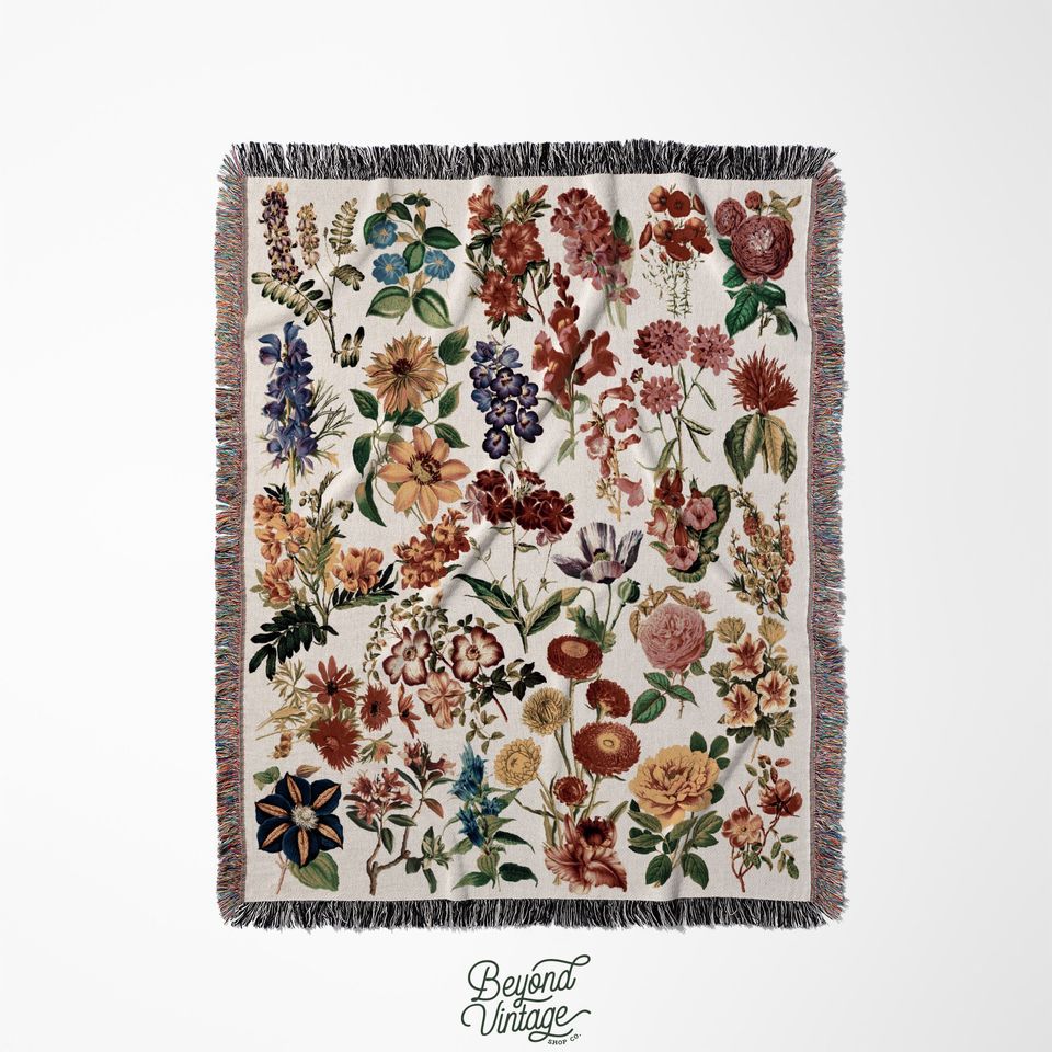 Vintage Wildflower Woven Blanket, Cotton Woven, Large Botanical Picnic Blanket Gift for Her, Maximalist Cottagecore Decor