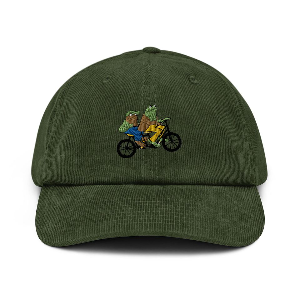 Frog and Toad Bike Corduroy Hat, Embroidered Hat, Gift Cap, Gift for Him, Gift for Her