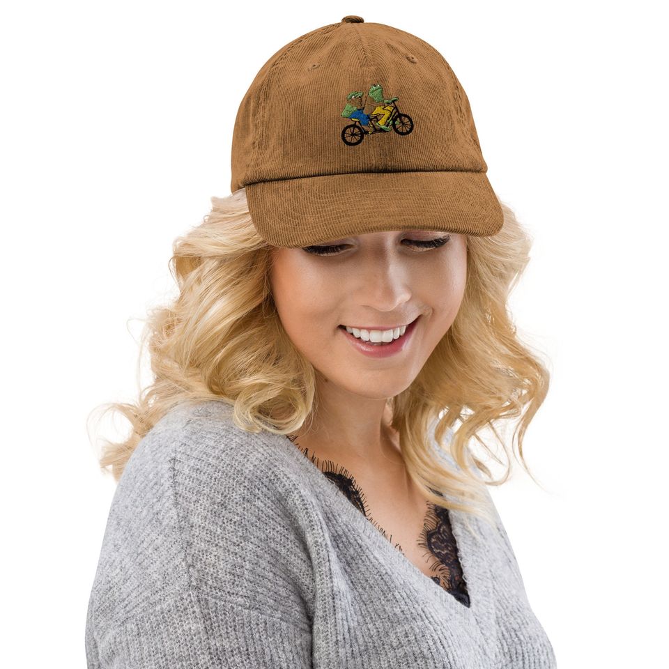 Frog and Toad Bike Corduroy Hat, Embroidered Hat, Gift Cap, Gift for Him, Gift for Her