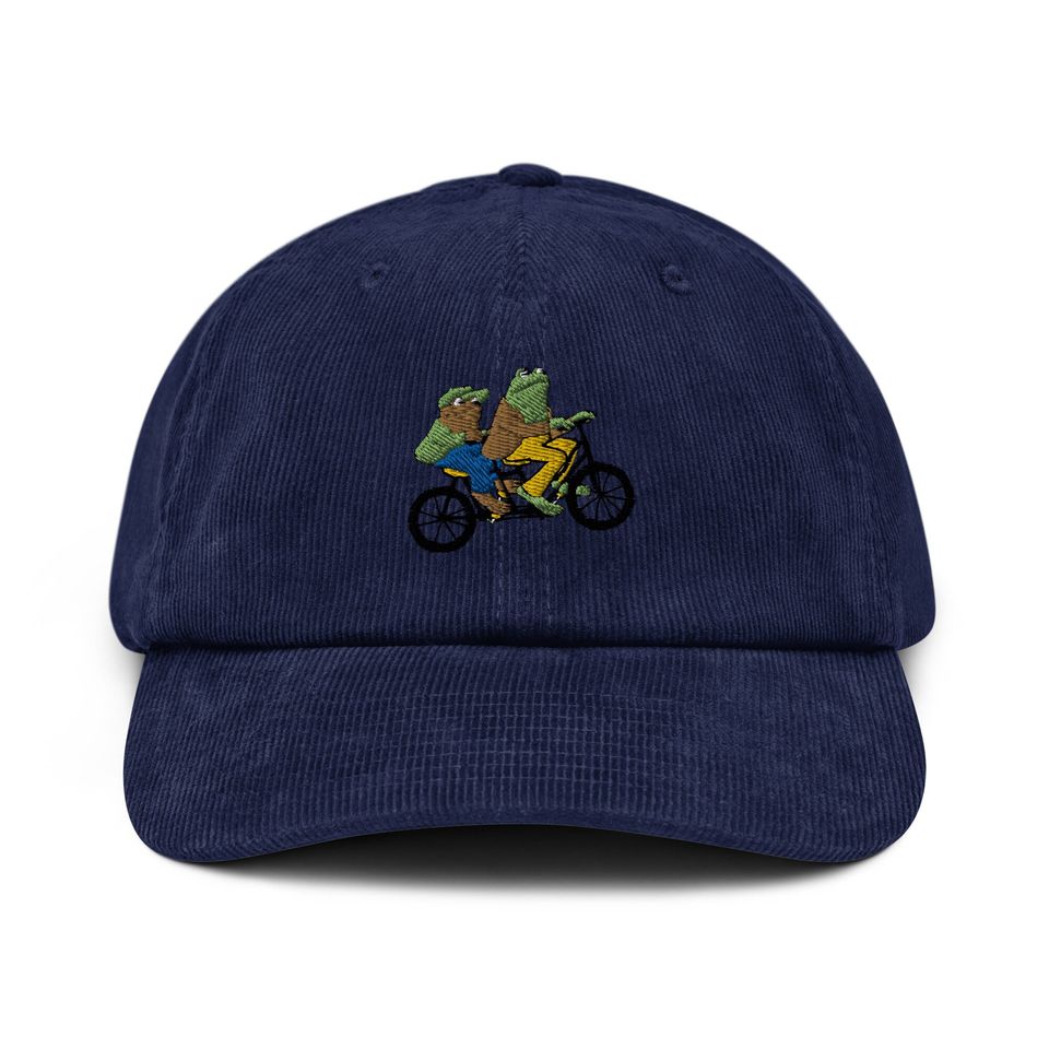 Frog and Toad Bike Corduroy Hat, Embroidered Hat, Gift Cap, Gift for Him, Gift for Her