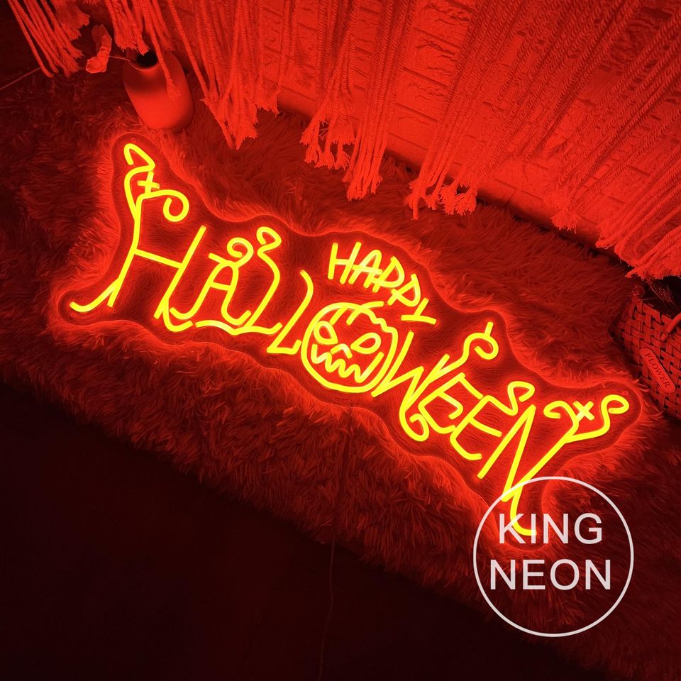 Happy Halloween Pumpkin Neon Sign, Custom Halloween Party LED Neon Light Halloween Home Bar Decor Light Up Sign Personalized Halloween Gift