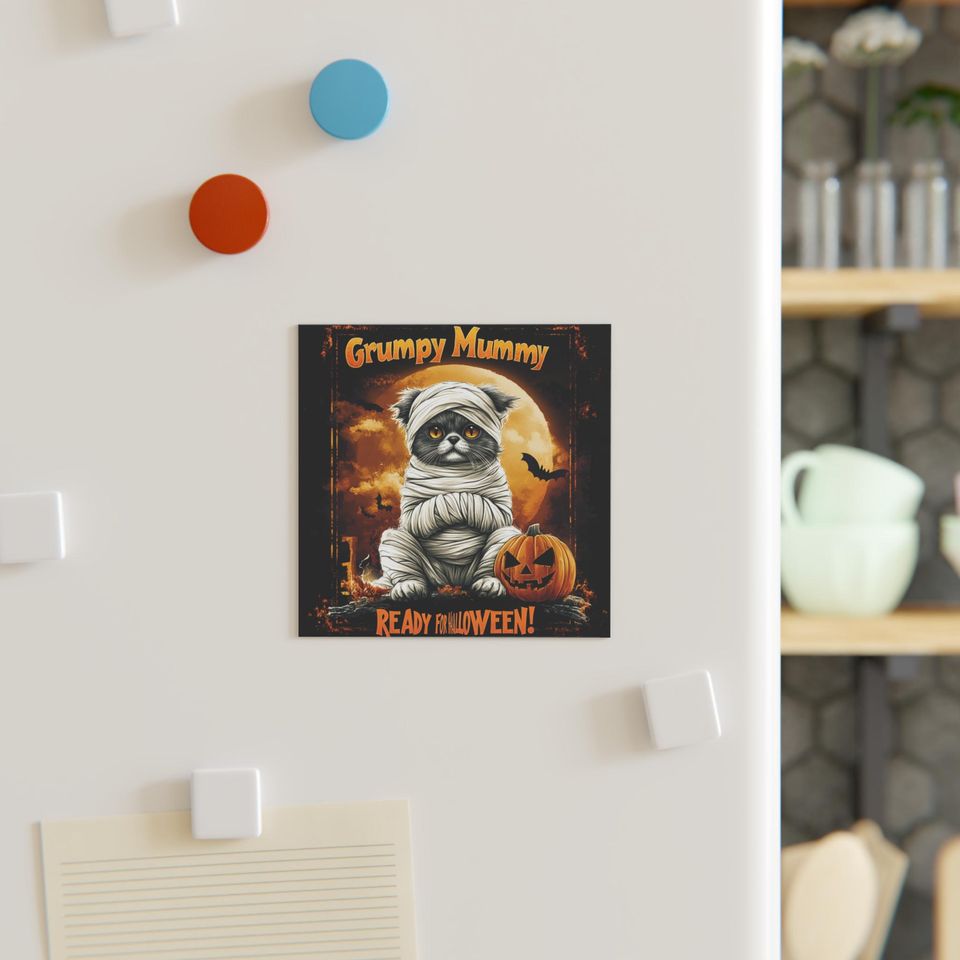 Halloween Square Magnet |Cute Grumpy Cat Mummy | Cute and Funny Fridge Magnet For Home or For Your Car | Gag Gift For Halloween