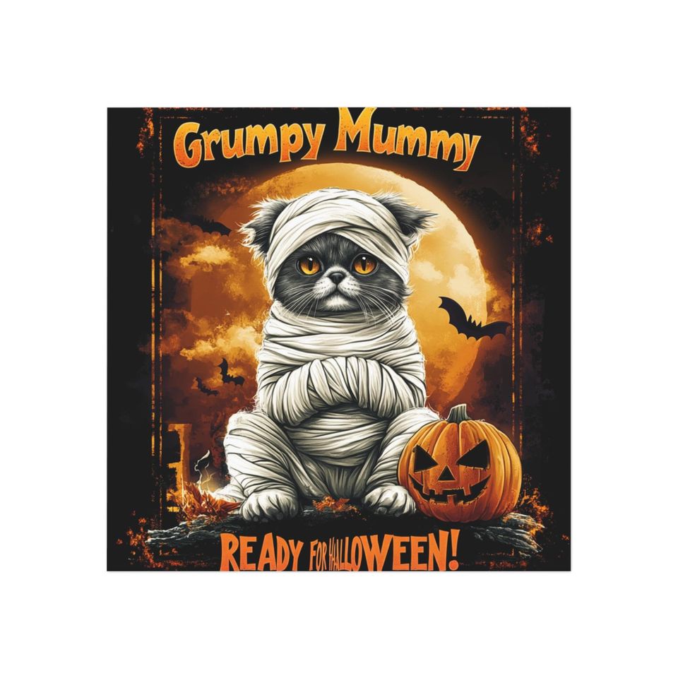 Halloween Square Magnet |Cute Grumpy Cat Mummy | Cute and Funny Fridge Magnet For Home or For Your Car | Gag Gift For Halloween