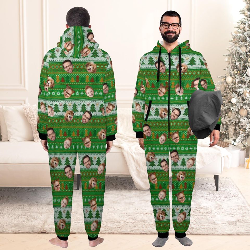 Personalized Face One-Piece Pajamas: Custom Flannel Hooded Jumpsuit