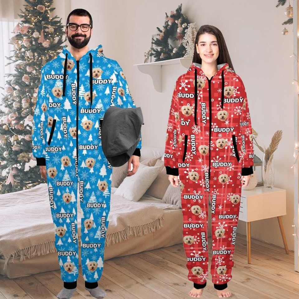 Personalized Dog Face Hooded Pajamas: Custom Photo Flannel One-Piece