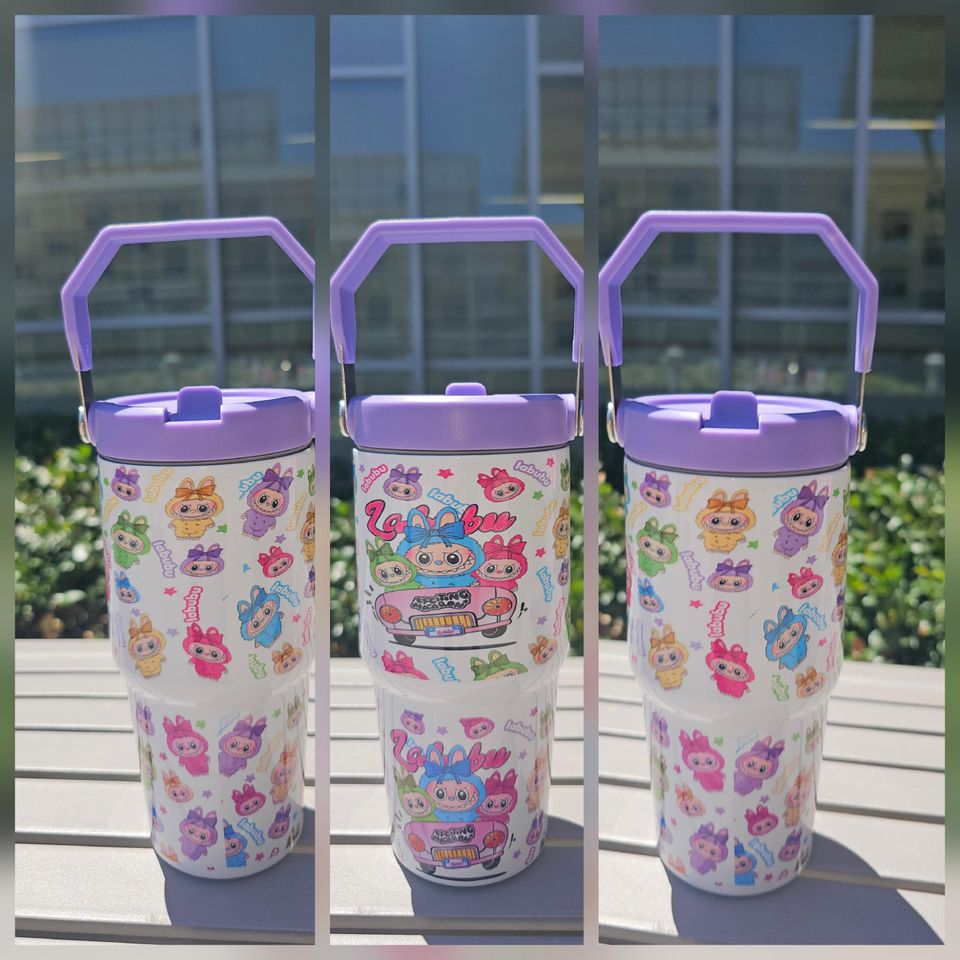 Labubu Kids Adult 30oz Flip Straw Waterbottle with Pink Lid Handle Personalizable