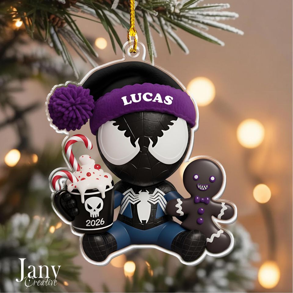 Personalized Black Spiderman Ornament:  Custom Name Acrylic Christmas Decoration